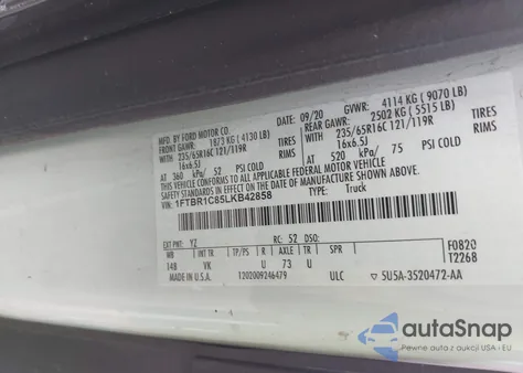 2020 Ford Transit-250 z USA, uszkodzony, nr VIN 1FTBR1C85LKB42858